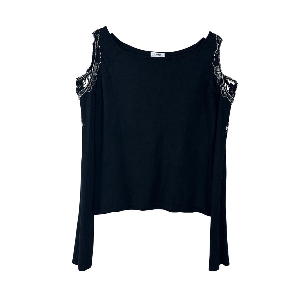 Cache Womens Silk Blend Cold Shoulder Beaded Knit‎ Top Black Size M Y2K
